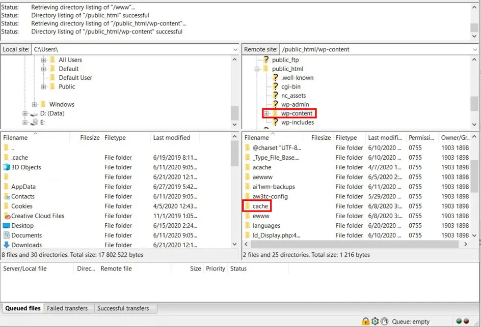 Deleting WordPress cache folder contents via FTP using FileZilla