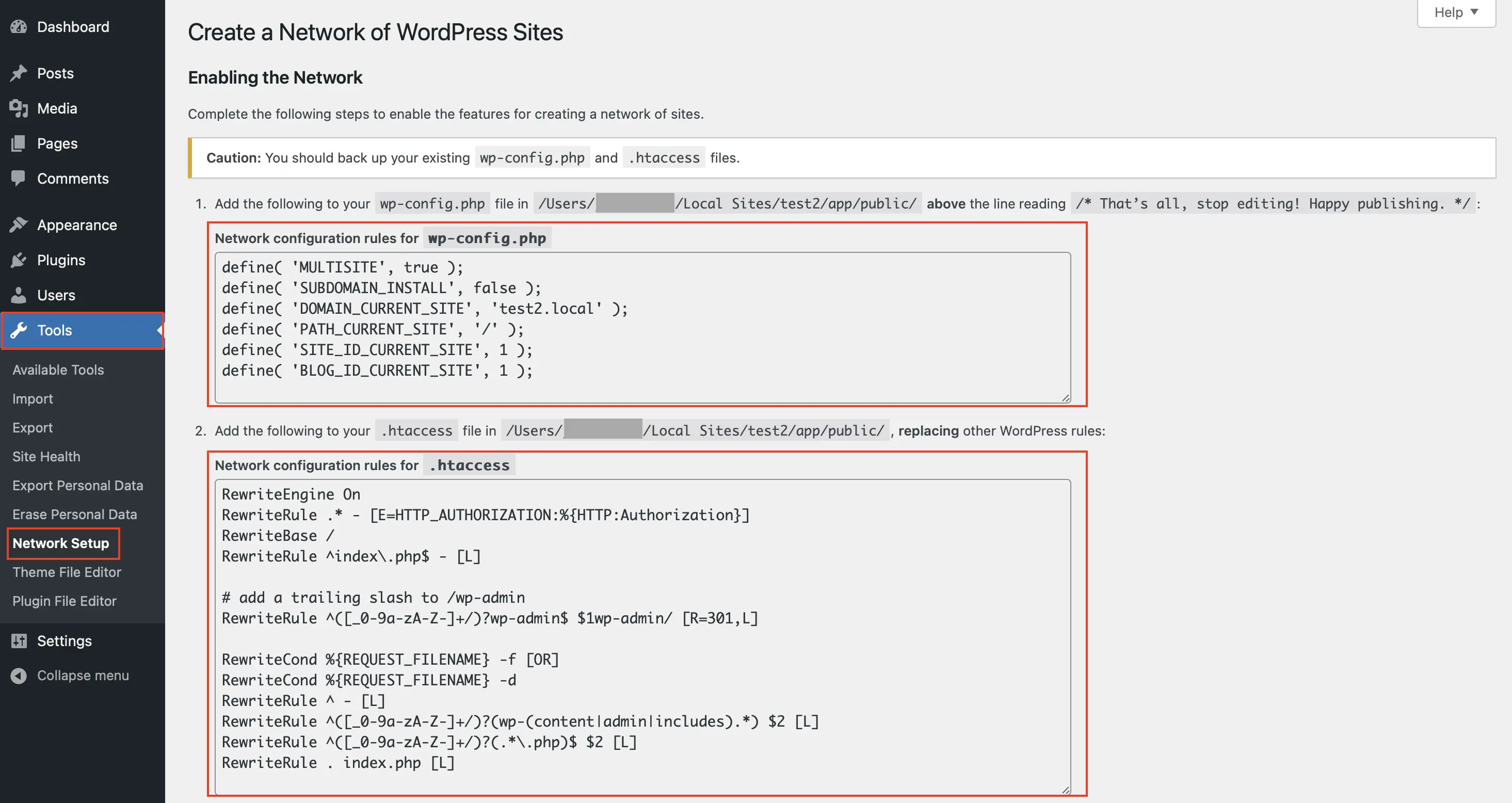Image: Tools – Network setup: Code snippets to activate the network