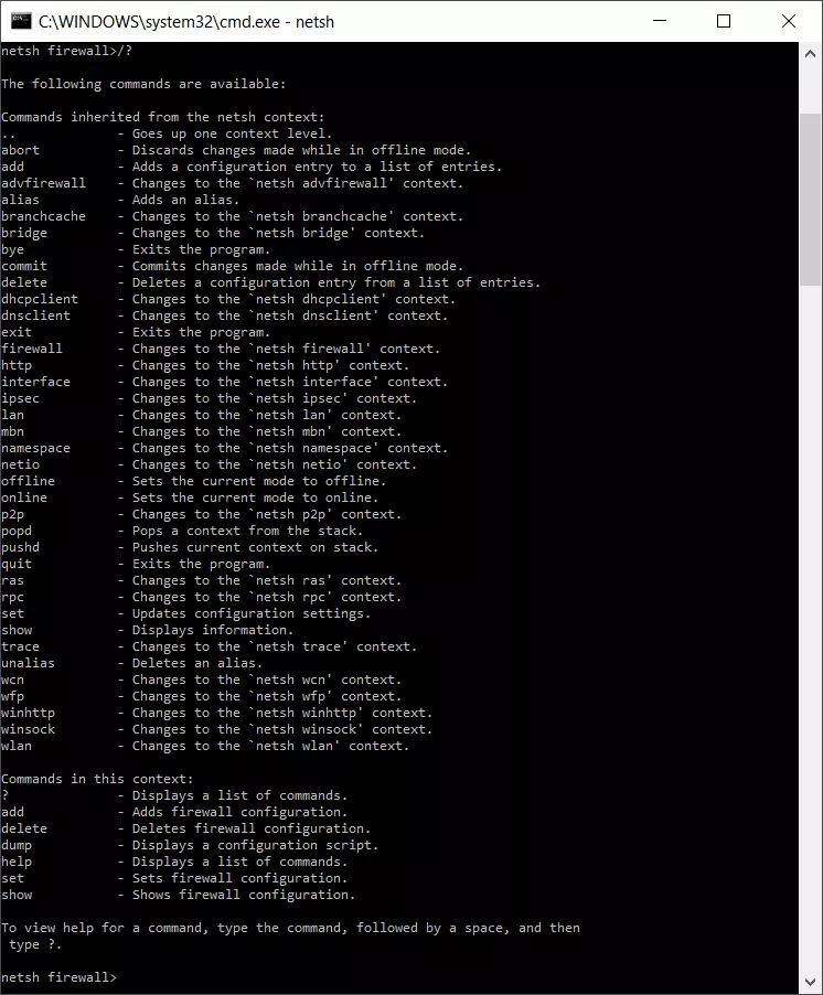 Image: Commands in the “firewall” Netsh context