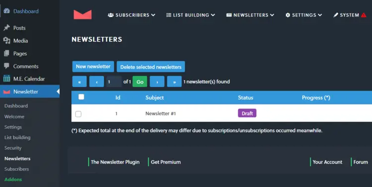 The Newsletter plugin in WordPress backend The Newsletter plugin in WordPress backend