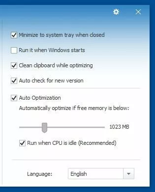 Image: Options menu of Wise Memory Optimizer