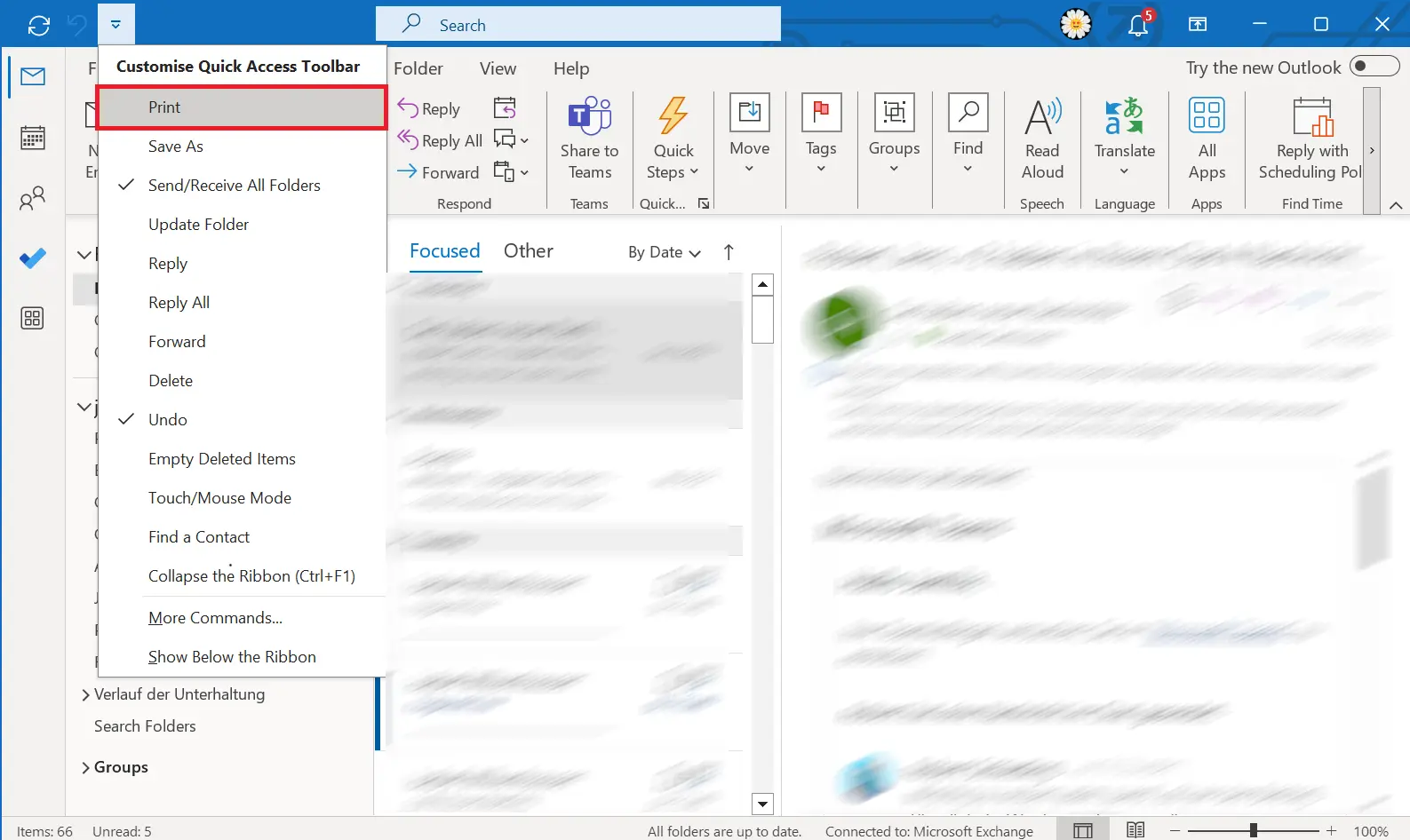 Image: Outlook icon and dialog window “Customize quick access toolbar”