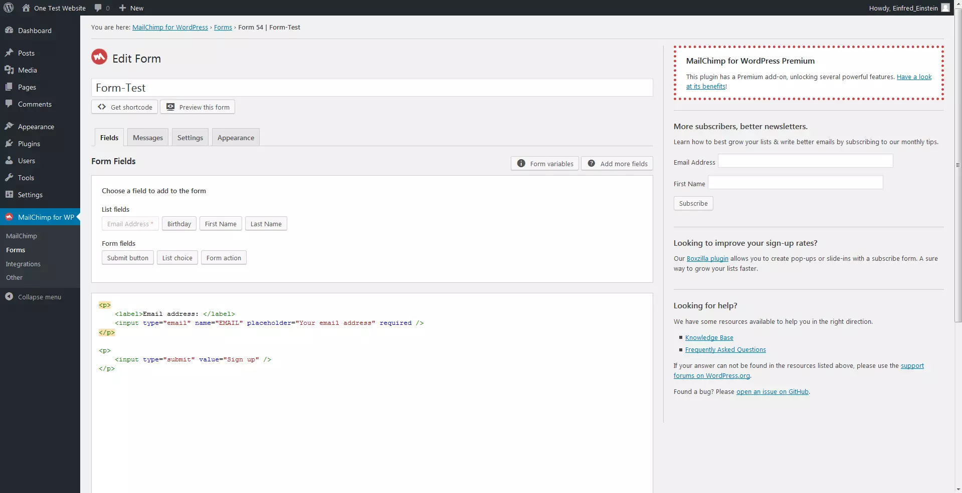 Image: Display when creating a registration form with the plugin