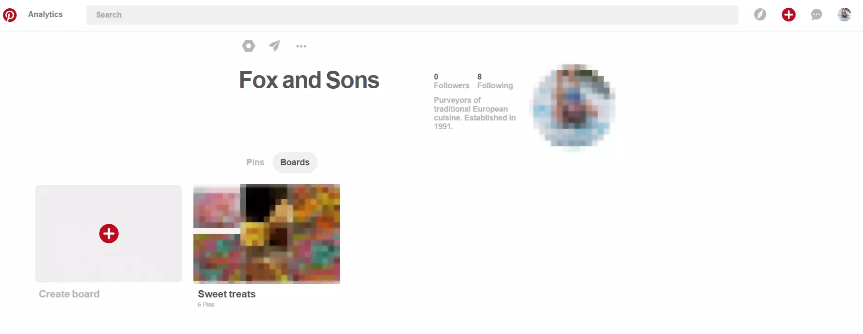 Image: Pinterest profile for fictitious business Fox and Sons