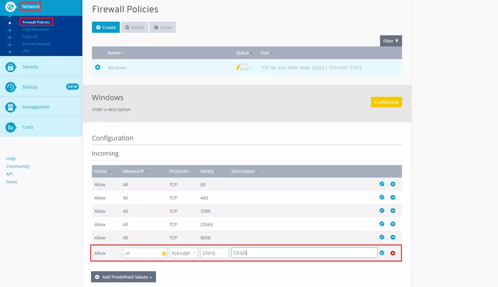 Image: Firewall policies in IONOS Cloud Panel