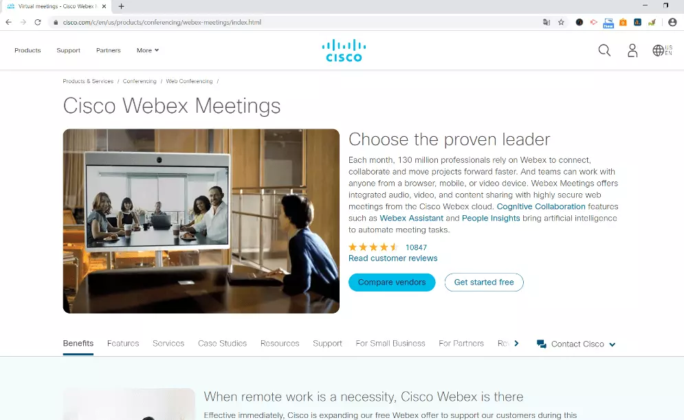 Image: Video telephony provider Cisco Webex Meetings website.