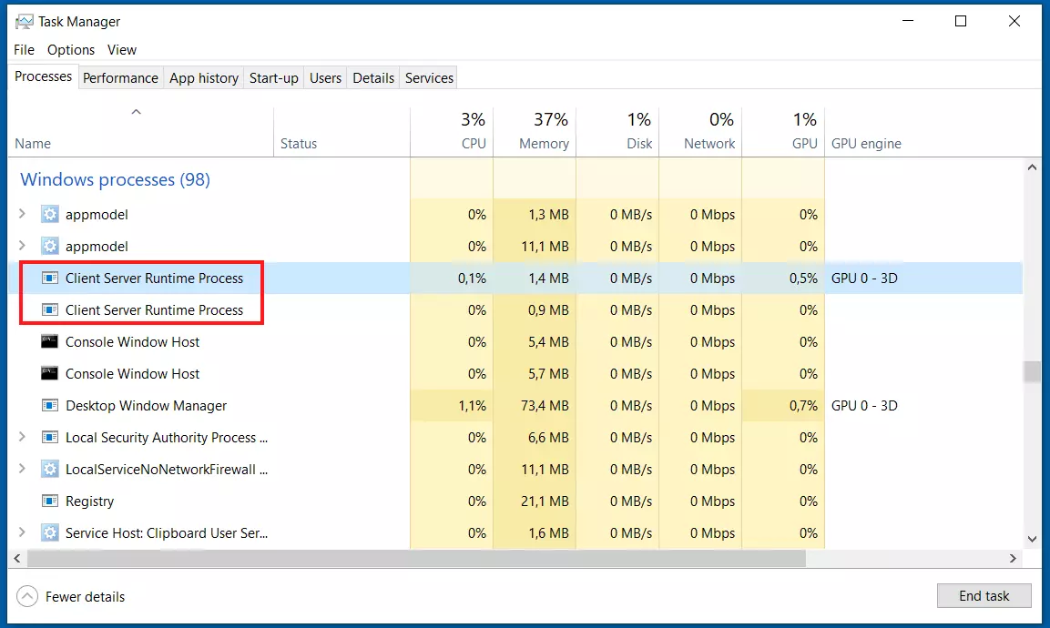 Image: Windows 10 tasks: Client Server Runtime Process (csrss.exe)