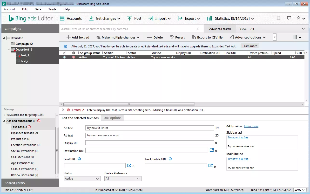 Image: View of the Bing ads Editor