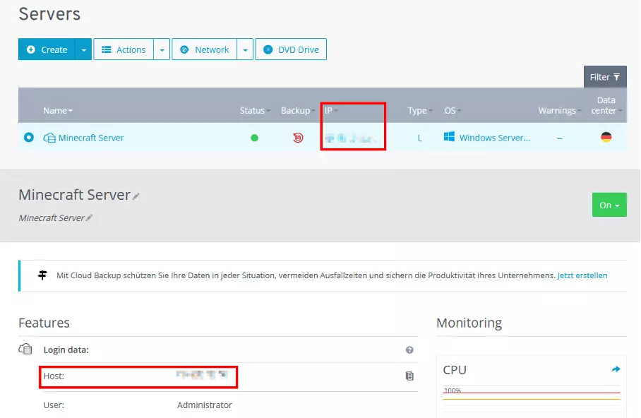 Image: IP address of a Minecraft server on IONOS