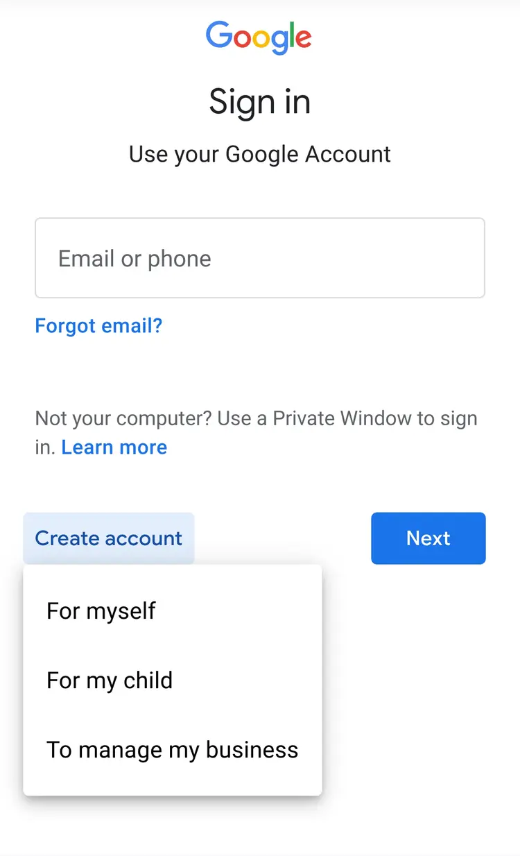 Screenshot of the second step when creating a Google account Screenshot of the second step when creating a Google account