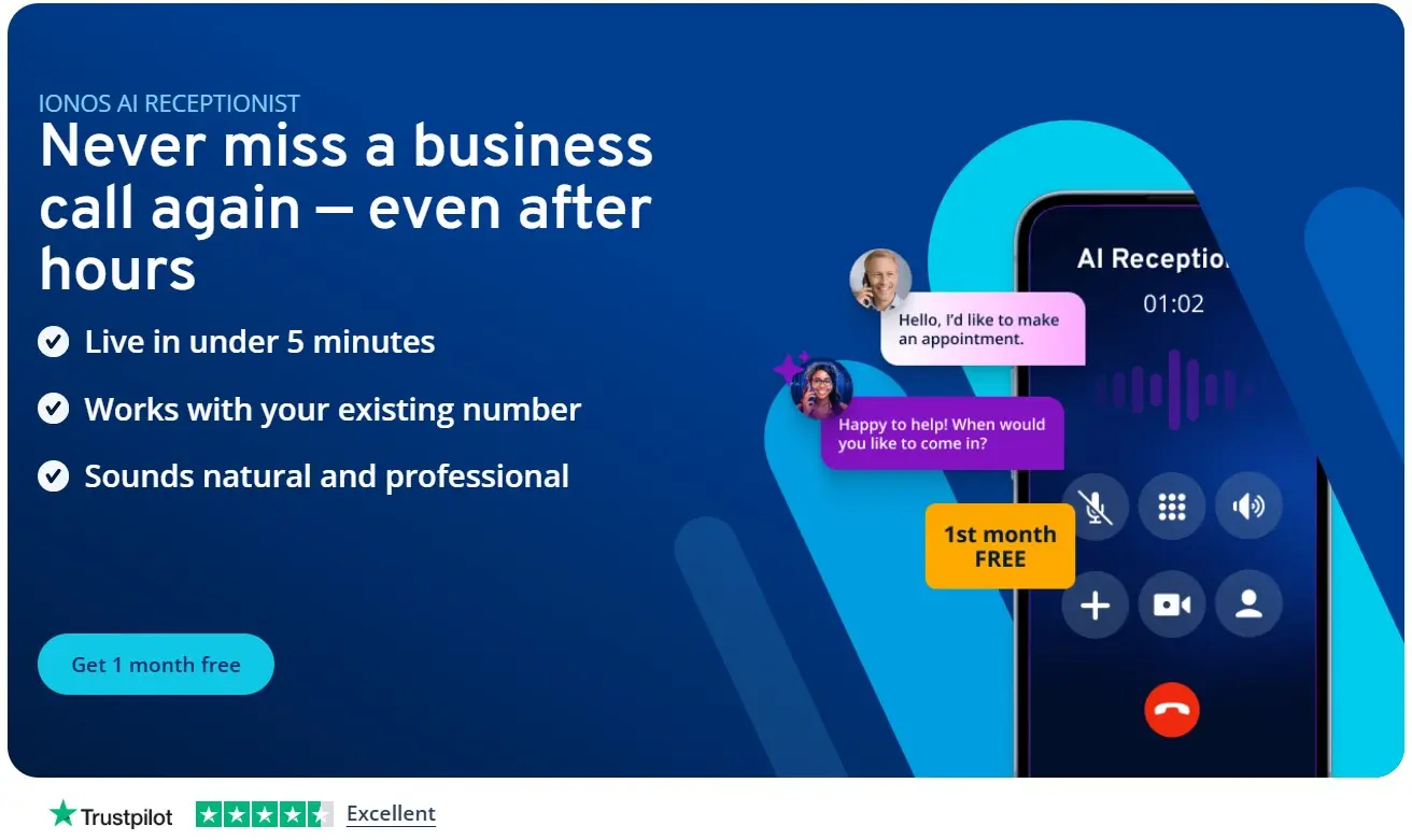 Image: Feature overview of the IONOS AI Receptionist including 24/7 call handling