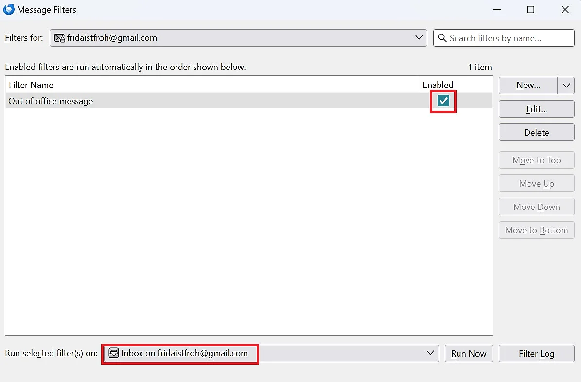 Set up Thunderbird out-of-office: Activate filter Image: Set up Thunderbird out-of-office: Activate filter