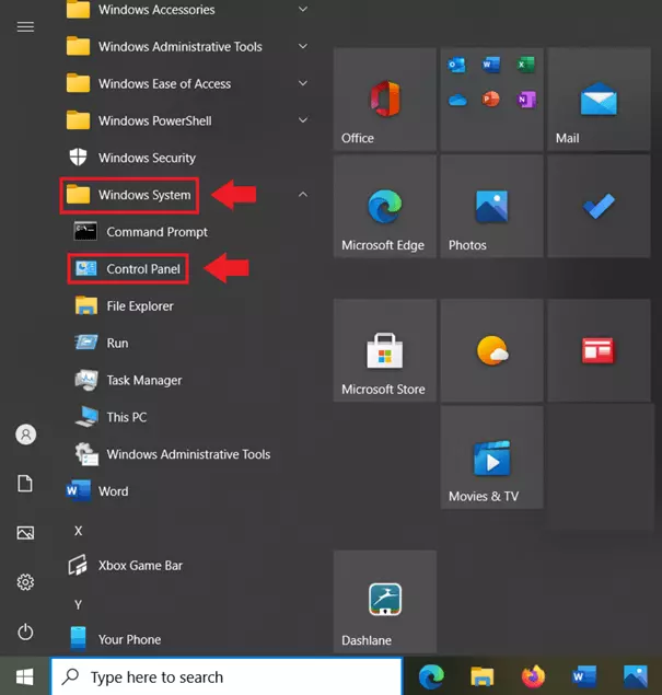 Image: Go to “Windows System” and “Control Panel” at the bottom of the Windows Start menu