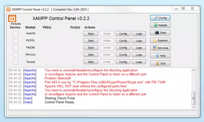 Inactive module in the XAMPP Control Panel Inactive module in the XAMPP Control Panel