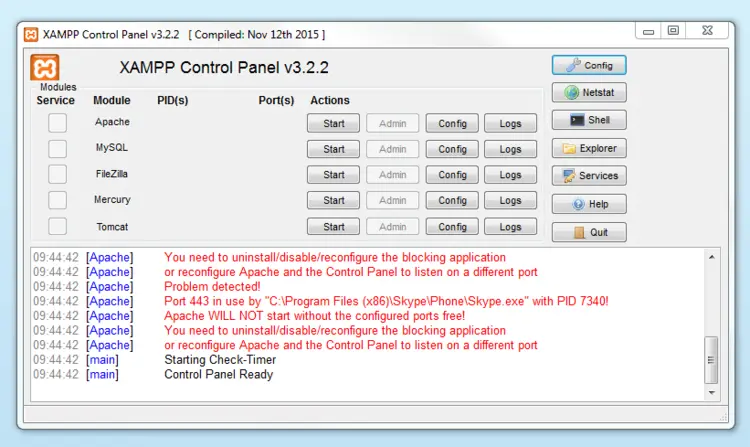 Inactive module in the XAMPP Control Panel Inactive module in the XAMPP Control Panel