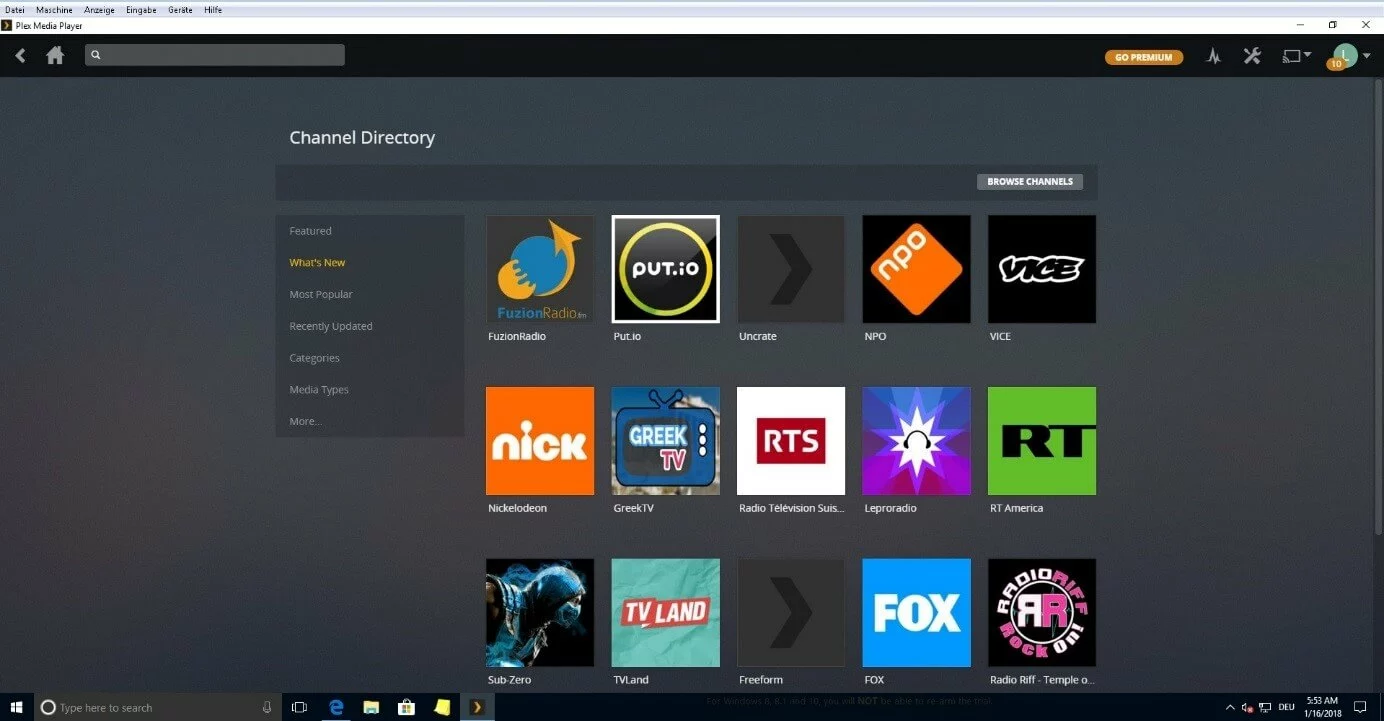 Image: The channel directory in Plex