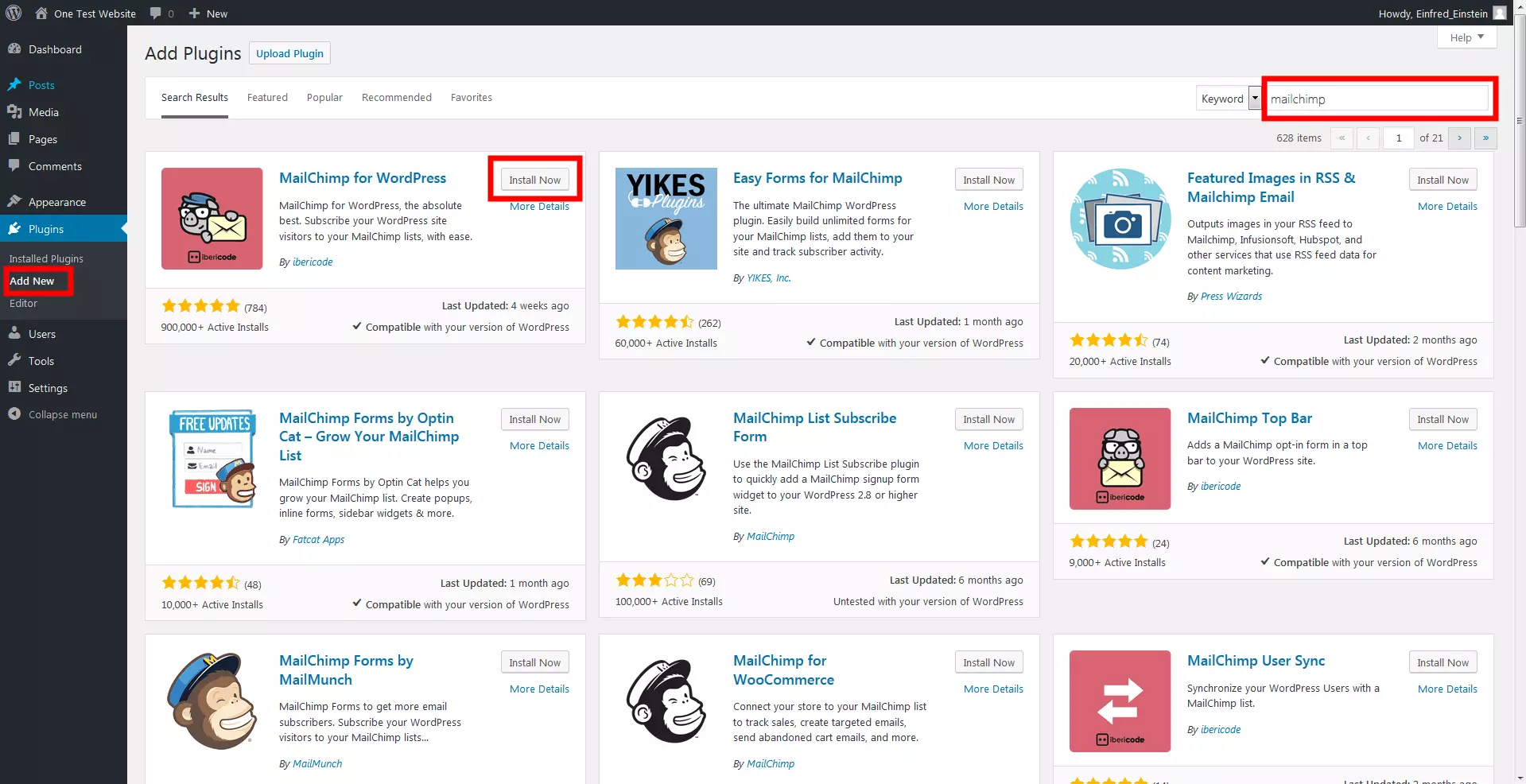 Image: Overview of the plugins available when searching for ‘MailChimp’