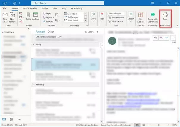 Image: Outlook ribbon with “Print” command