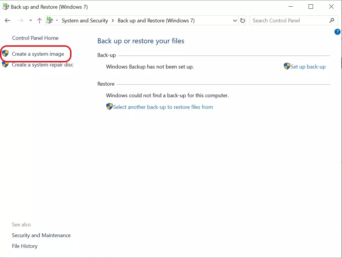 Image: “Create a system image” in the Windows 10 backup settings