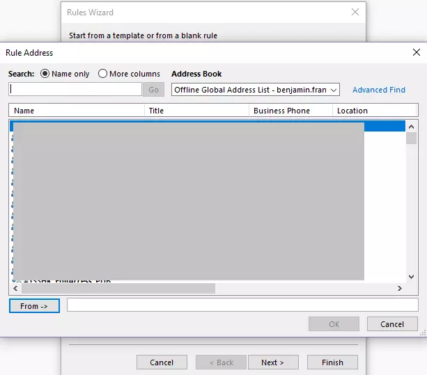Outlook Rules Wizard: Selecting addresses Outlook Rules Wizard: Selecting addresses