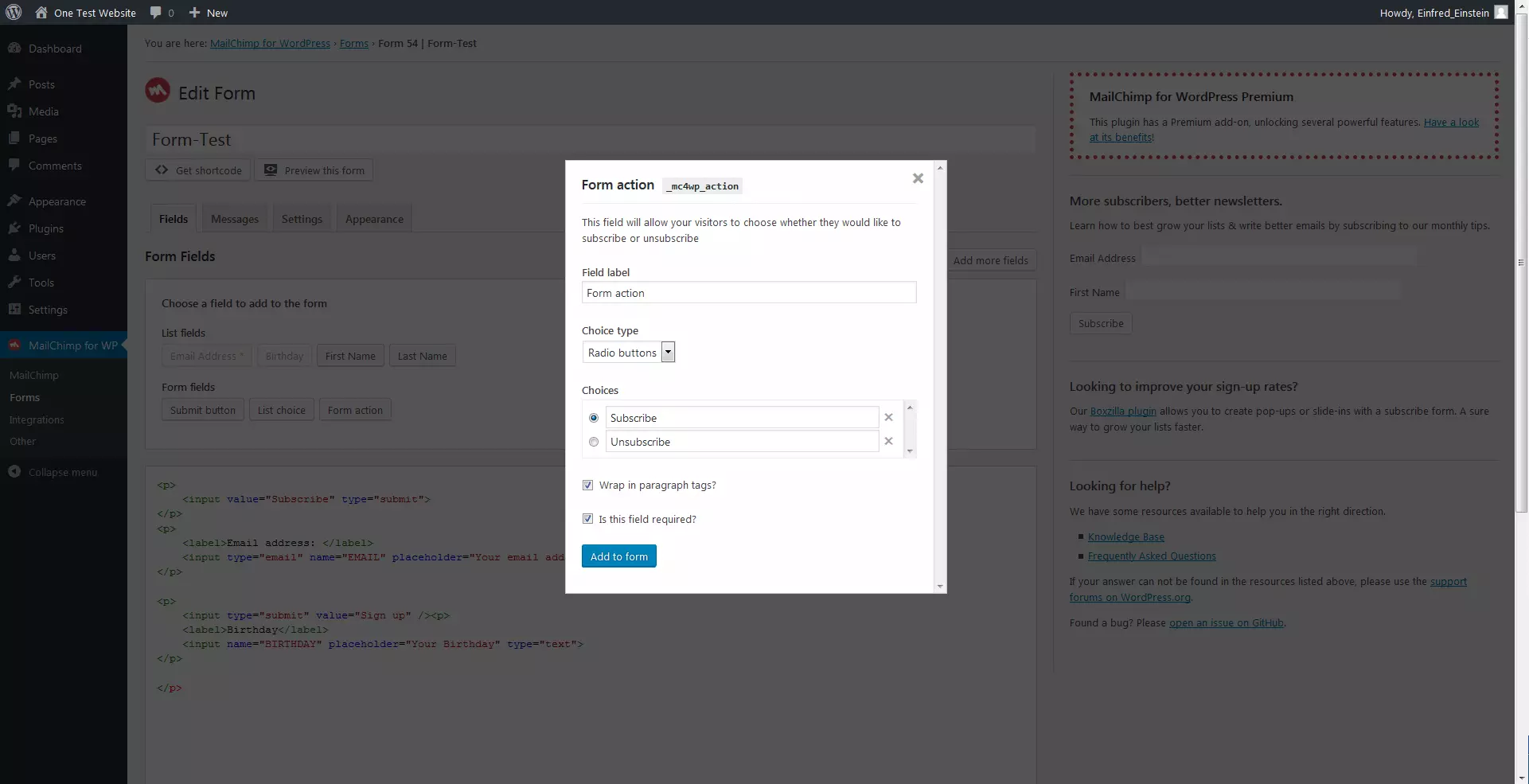 Image: Settings for the ‘form action’ option