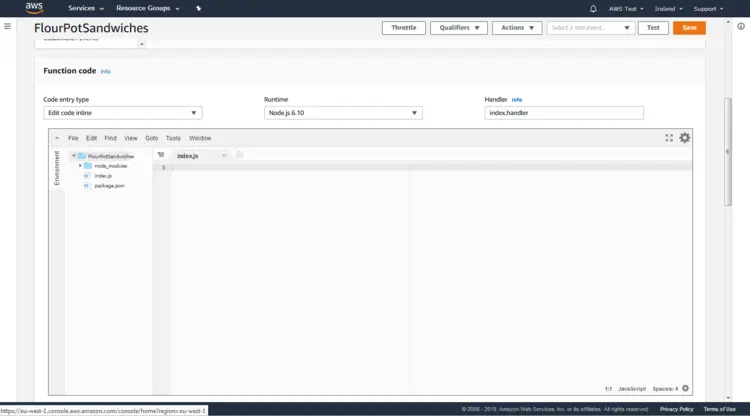 AWS Management Console: the Lambda function’s code editor AWS Management Console: the Lambda function’s code editor