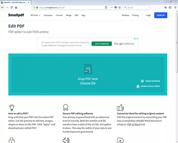 Image: Screenshot of the Smallpdf website on which a PDF file can be edited online.