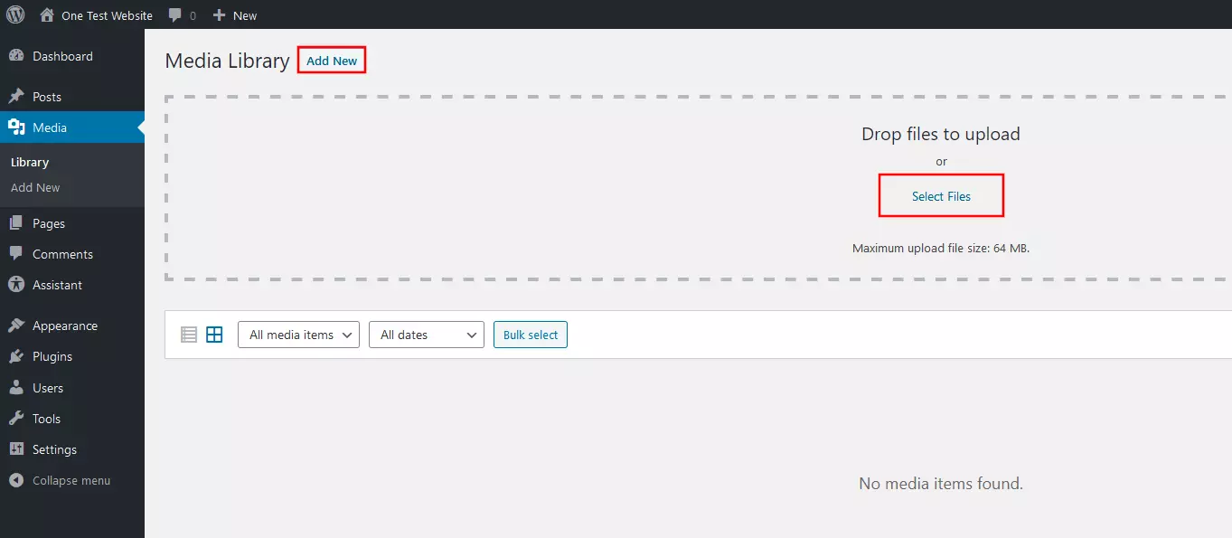 Image: WordPress Media Library: File upload dialog box