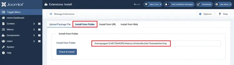 Joomla backend: Option to install from a folder Joomla backend: Option to install from a folder