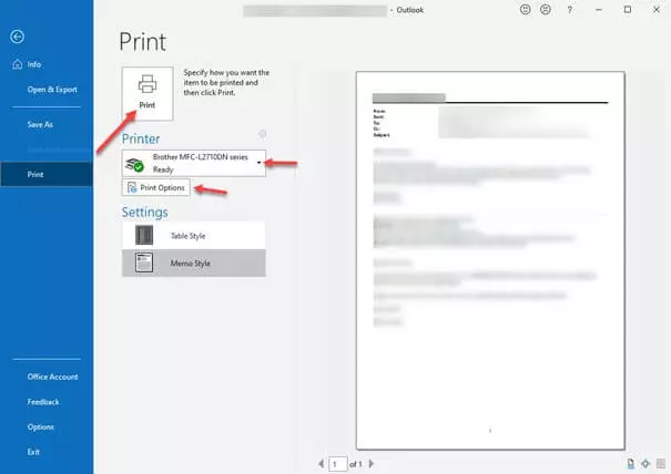 Image: Outlook “Print” window: print button (left) and preview of the email (right)