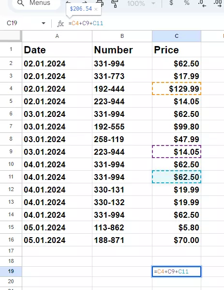 Screenshot of an formula using addition in Google Sheets Screenshot of an formula using addition in Google Sheets