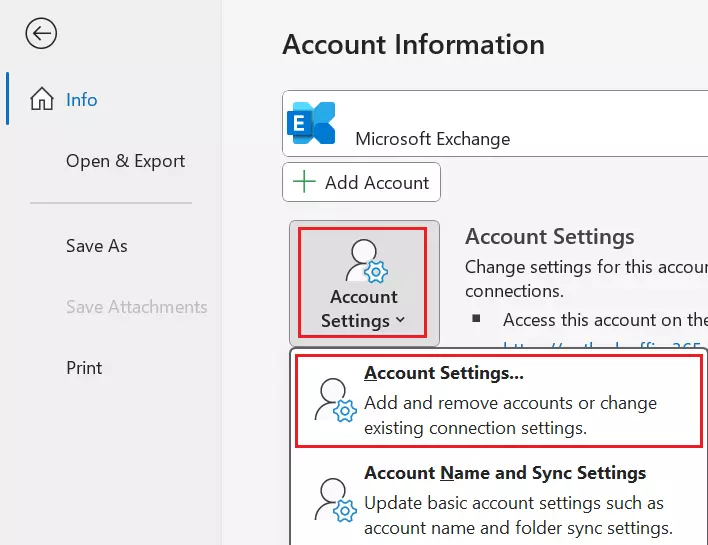Outlook menu “Account Settings” Outlook menu “Account Settings”