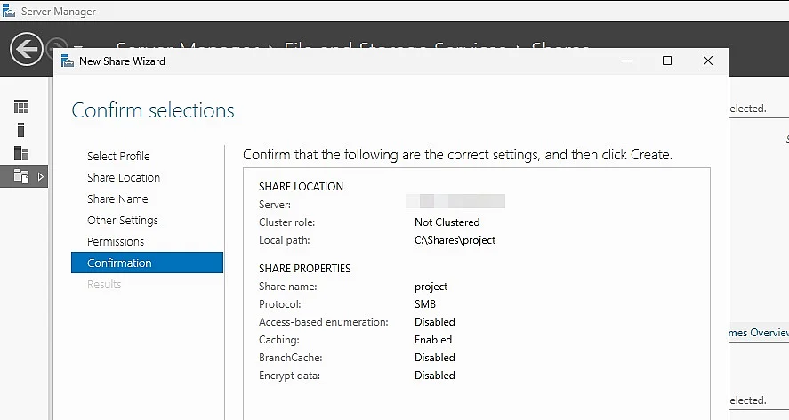 Creating the new share in Server Manager Image: Creating the new share in Server Manager