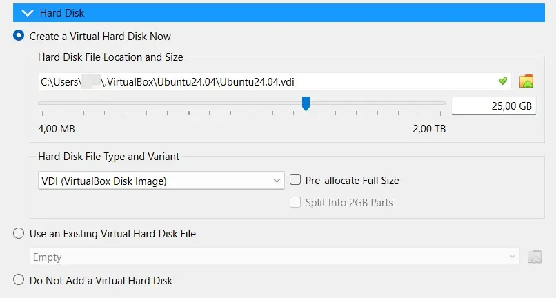 Image: Oracle VirtualBox Manager: Create Virtual Hard Disk