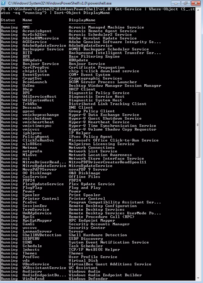 Image: Results of the “Get-Service pipeline|Where-Object” {$_.status –eq "running"} |Sort-Object DisplayName.