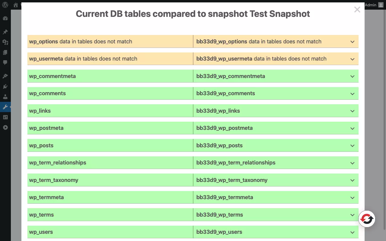 Image: Screenshot of the snapshot page of the “WP Reset” plugin with snapshot comparison