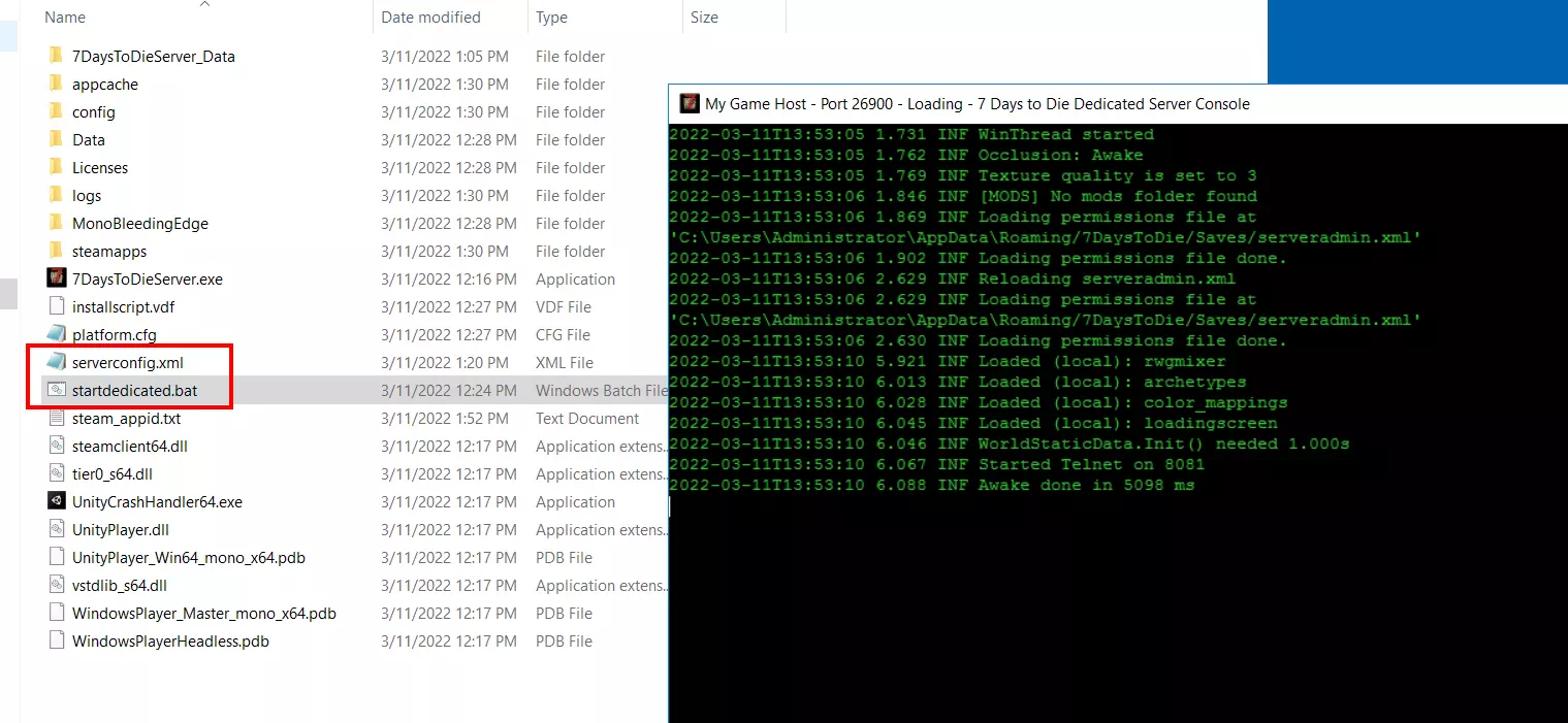 Image: 7 Days to Die: Configuration file, BAT script, and server console