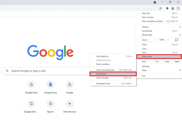 Menu item “Extensions” in Chrome Menu item “Extensions” in Chrome