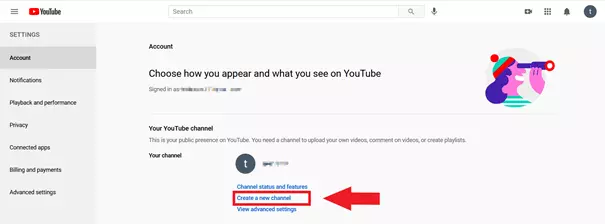 Image: YouTube settings: “Create a new channel”