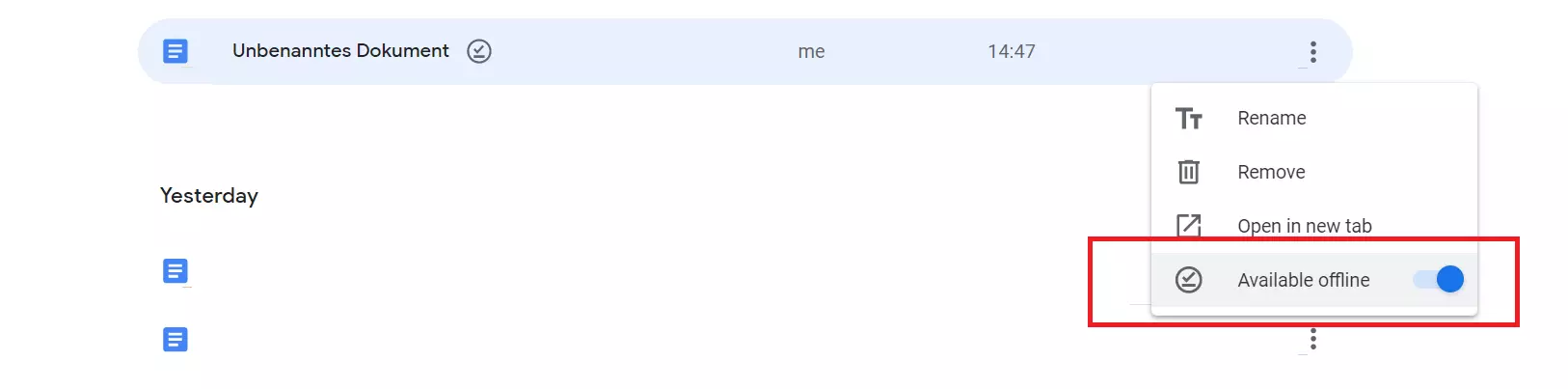 Image: Function for making individual documents available offline in Google Docs