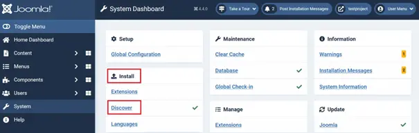 View of the Joomla backend View of the Joomla backend