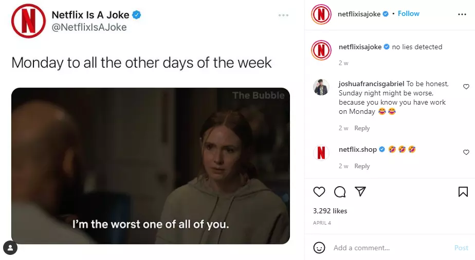 Instagram screenshot of the account netflixisajoke Instagram screenshot of the account netflixisajoke