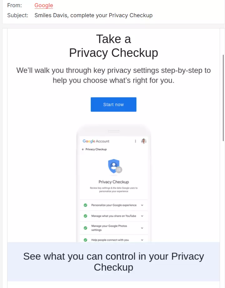Image: Example of a newsletter from Google containing information on privacy