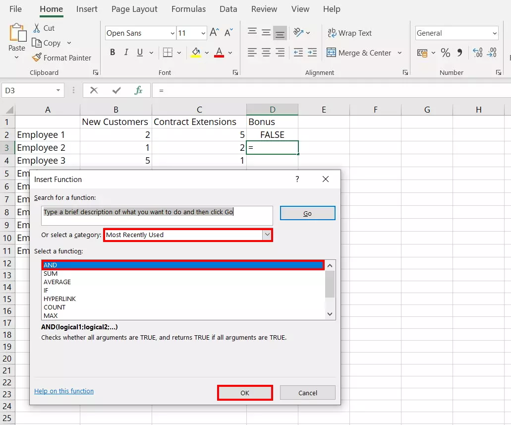 Image: “Insert Function” dialog box: Excel AND function