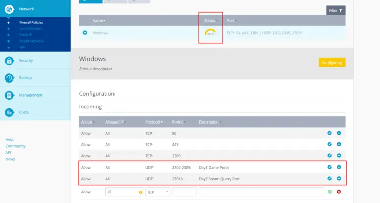 Enabled ports in the IONOS Cloud Panel Enabled ports in the IONOS Cloud Panel
