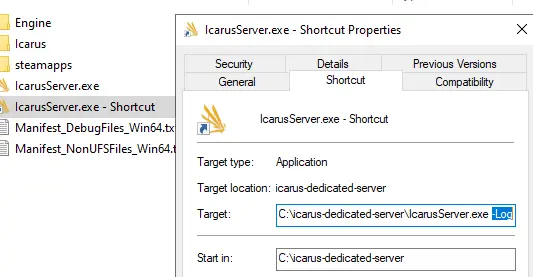Icarus server: Shortcut and properties Image: Icarus server: Shortcut and properties