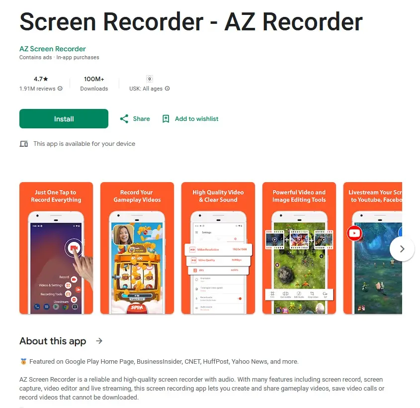 Image: Screenshot tool AZ Screen Recorder in the Google Play Store