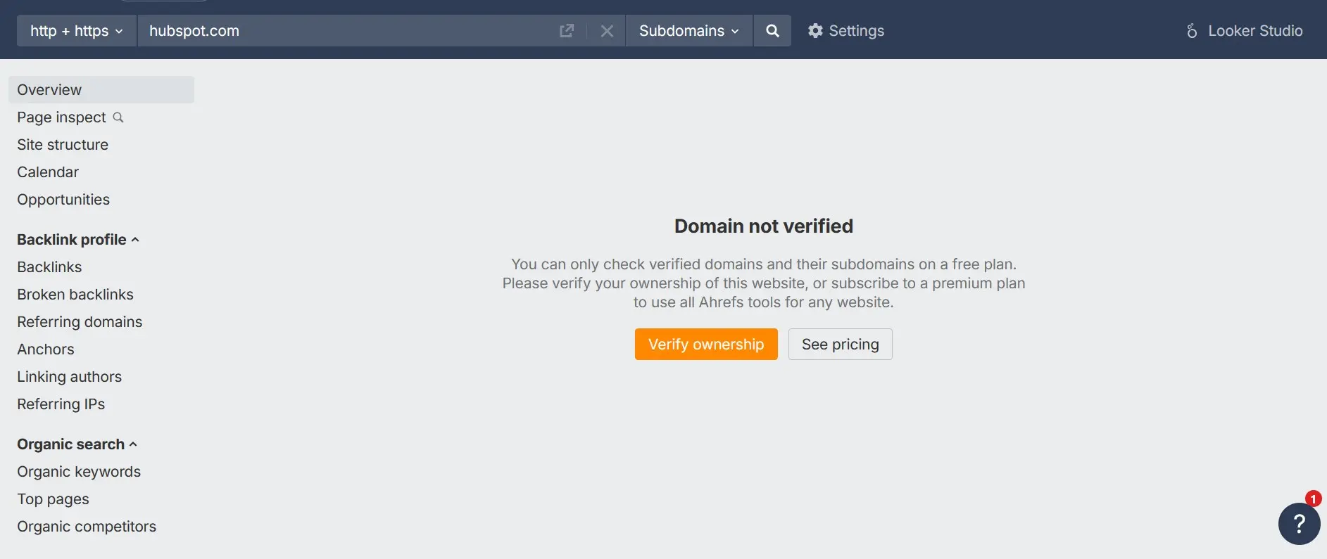 Image: Screenshot of the Ahrefs interface with note &ldquo;Domain not verified&rdquo;