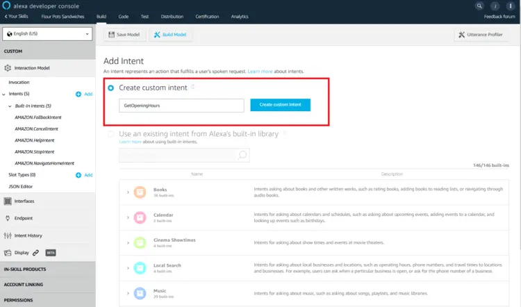 Alexa Development Console: definition of intents. Alexa Development Console: definition of intents.
