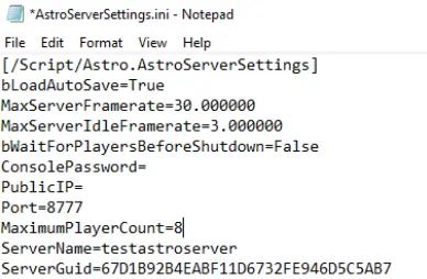 Screenshot of the configuration file for your Astroneer dedicated server Image: Screenshot of the configuration file for your Astroneer dedicated server